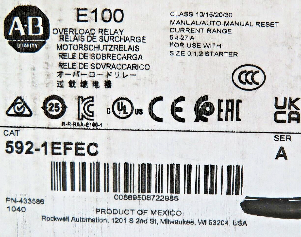 Allen-Bradley 592-1EFEC E100 Overload Relay 5.4-27A Trip Class 10/15/20/30 SER.A