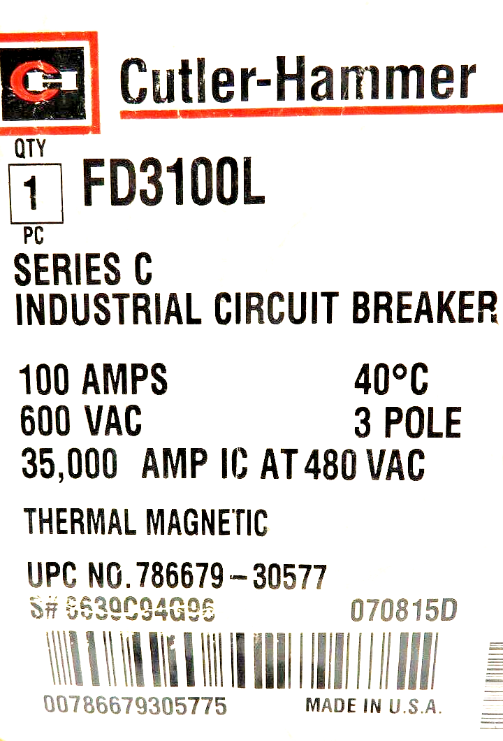 Cutler-Hammer FD3100L 100A 600VAC 3-Pole Thermal Magnetic IND. Circuit Breaker