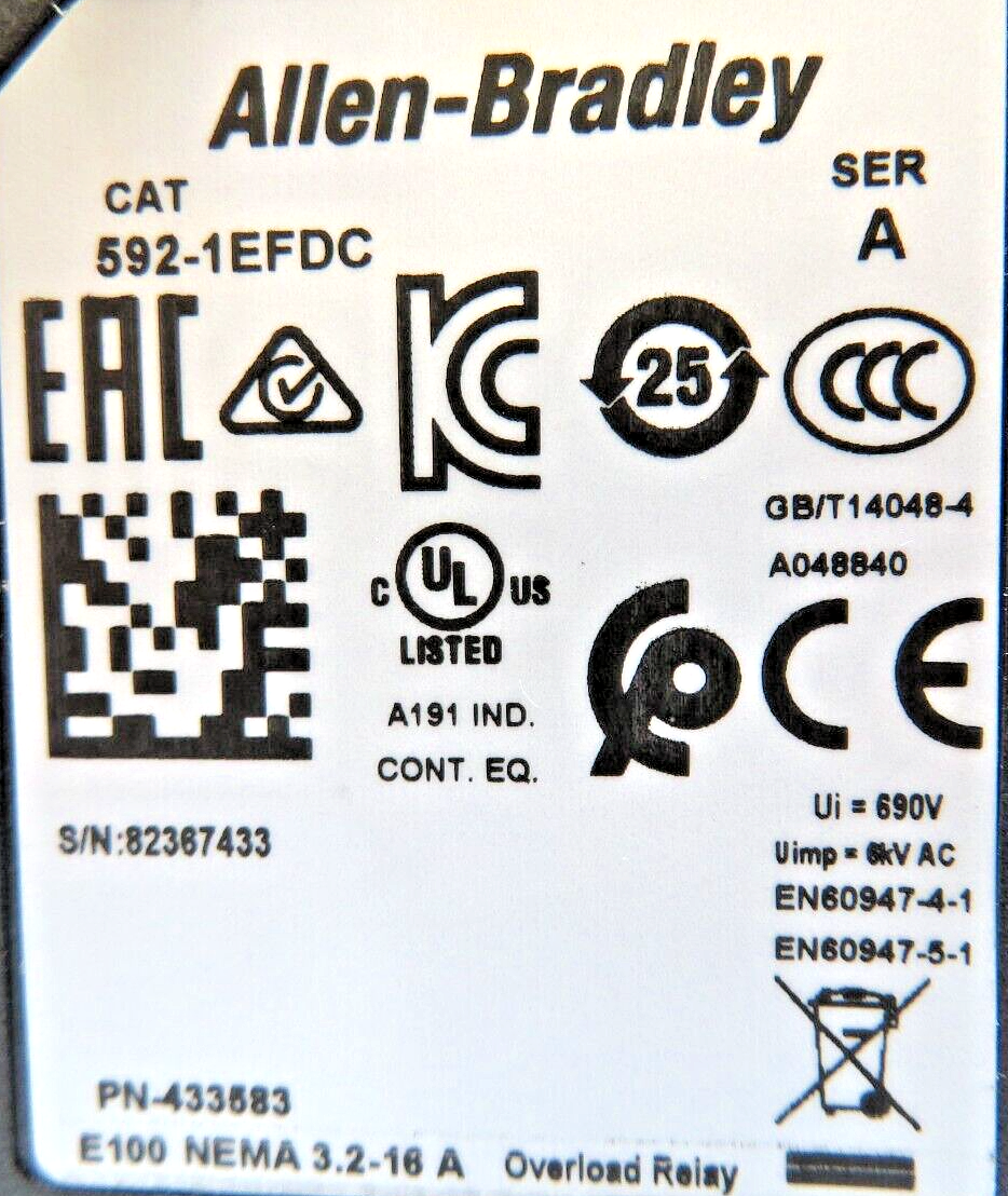 Allen-Bradley 592-1EFDC E100 Overload Relay 3.2-16A Trip Class 10/15/20/30 SER.A