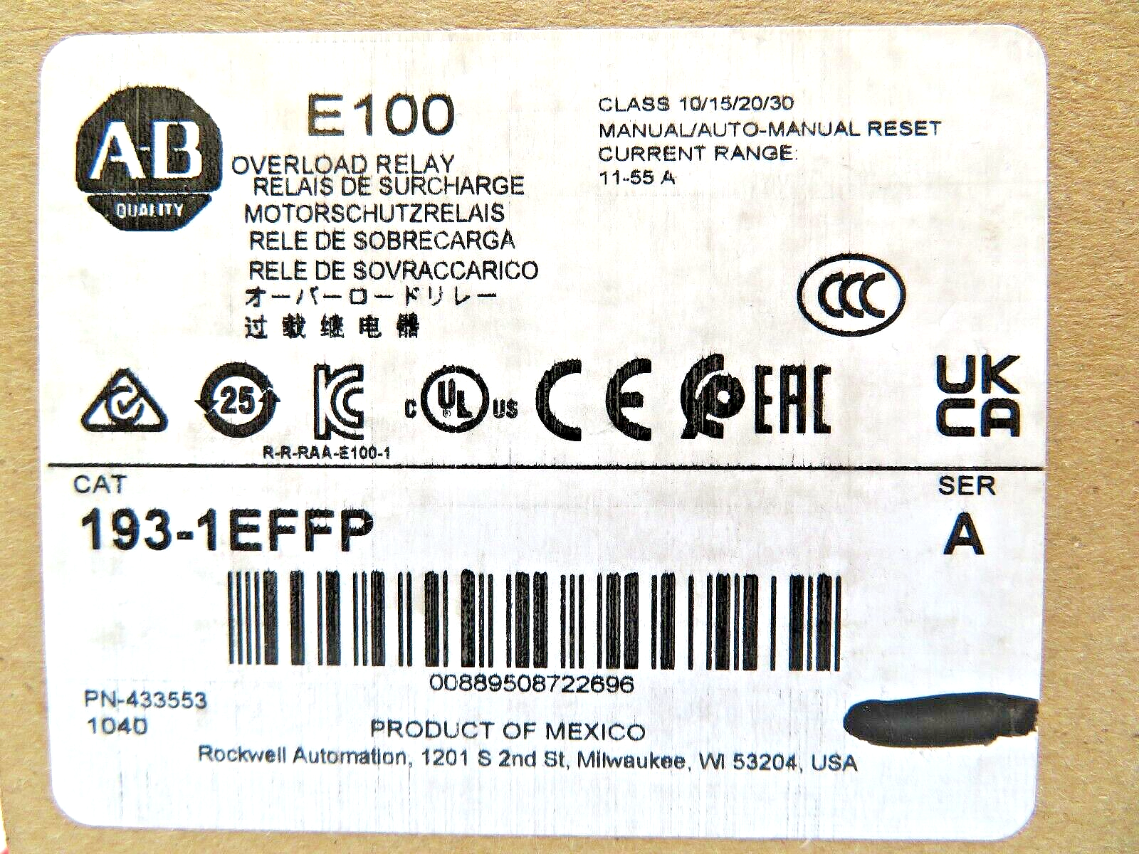 Allen-Bradley 193-1EFFP Electronic Overload Relay 11-55A Trip Class 10/15/20/30