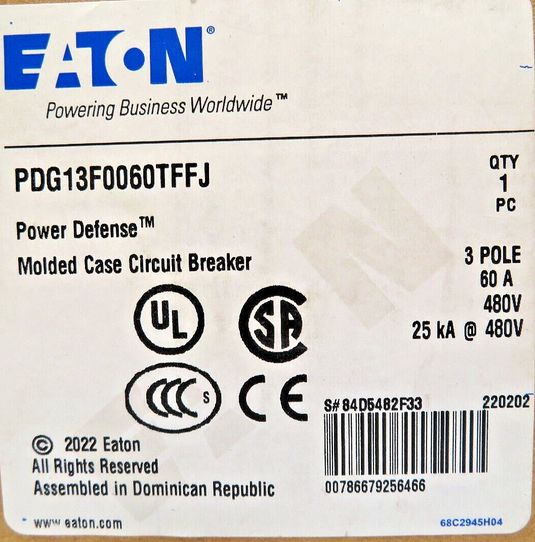 Eaton PDG13F0060TFFJ Power Defense Molded Circuit Breaker 60A 3-Pole 25kA @480V