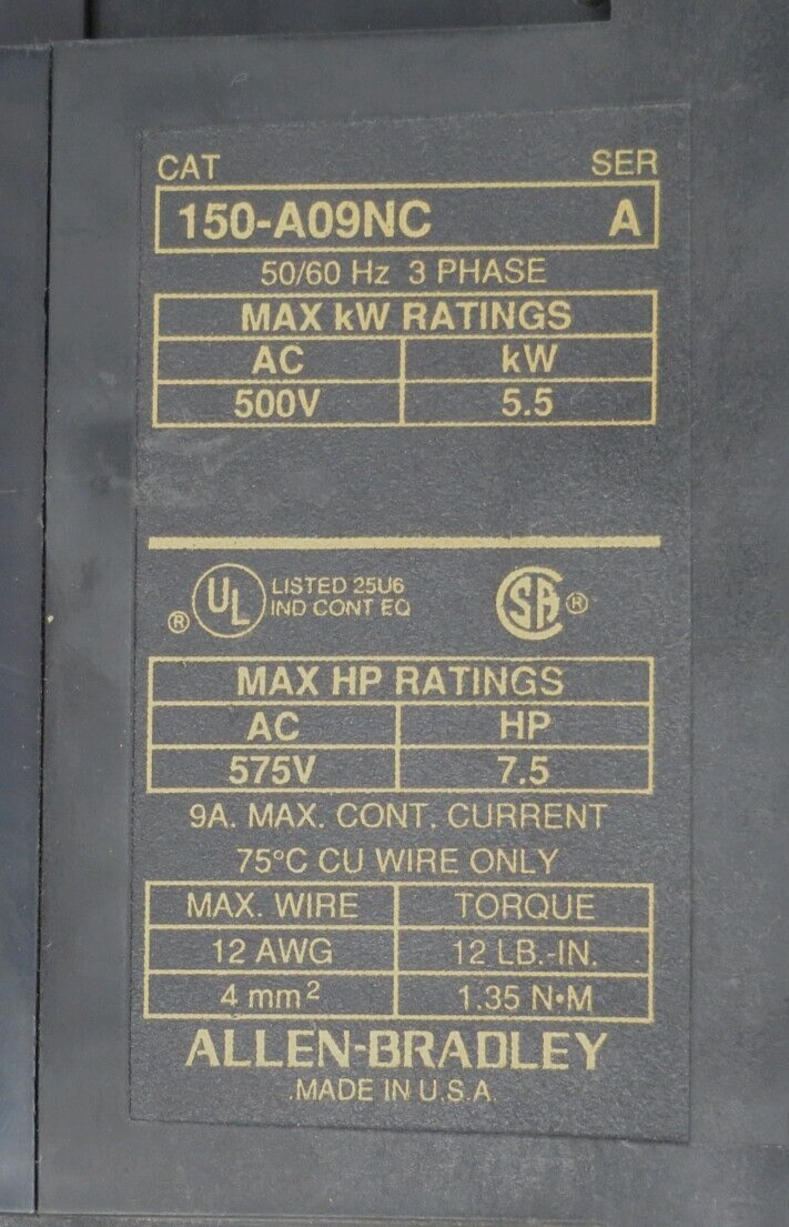 Allen-Bradley 150-A09NC 500 to 575VAC 9A 50/60Hz Motor Controller