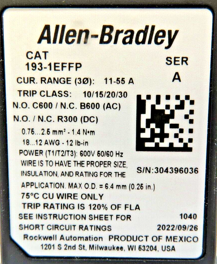 Allen-Bradley 193-1EFFP Electronic Overload Relay 11-55A Trip Class 10/15/20/30