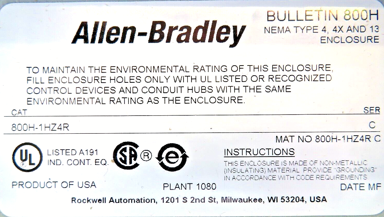 Allen-Bradley 800H-1HZ4R Push-Button Heavy Duty Enclosure Type 4, 4X, 13