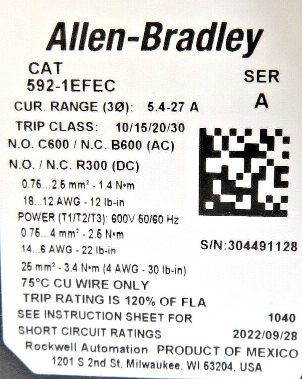 Allen-Bradley 592-1EFEC E100 Overload Relay 5.4-27A Trip Class 10/15/20/30 SER.A