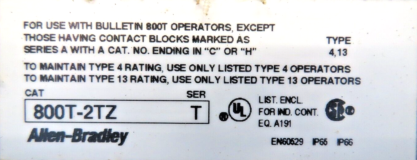 Allen-Bradley 800T-2TZ Die Cast Aluminum Enclosure Type 4,13 2-Hole 30MM Opening