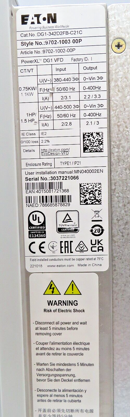 Eaton DG1-342D2FB-C21C Variable Frequency Drive 480VAC 1HP Max 2.2A NEMA1 3PH