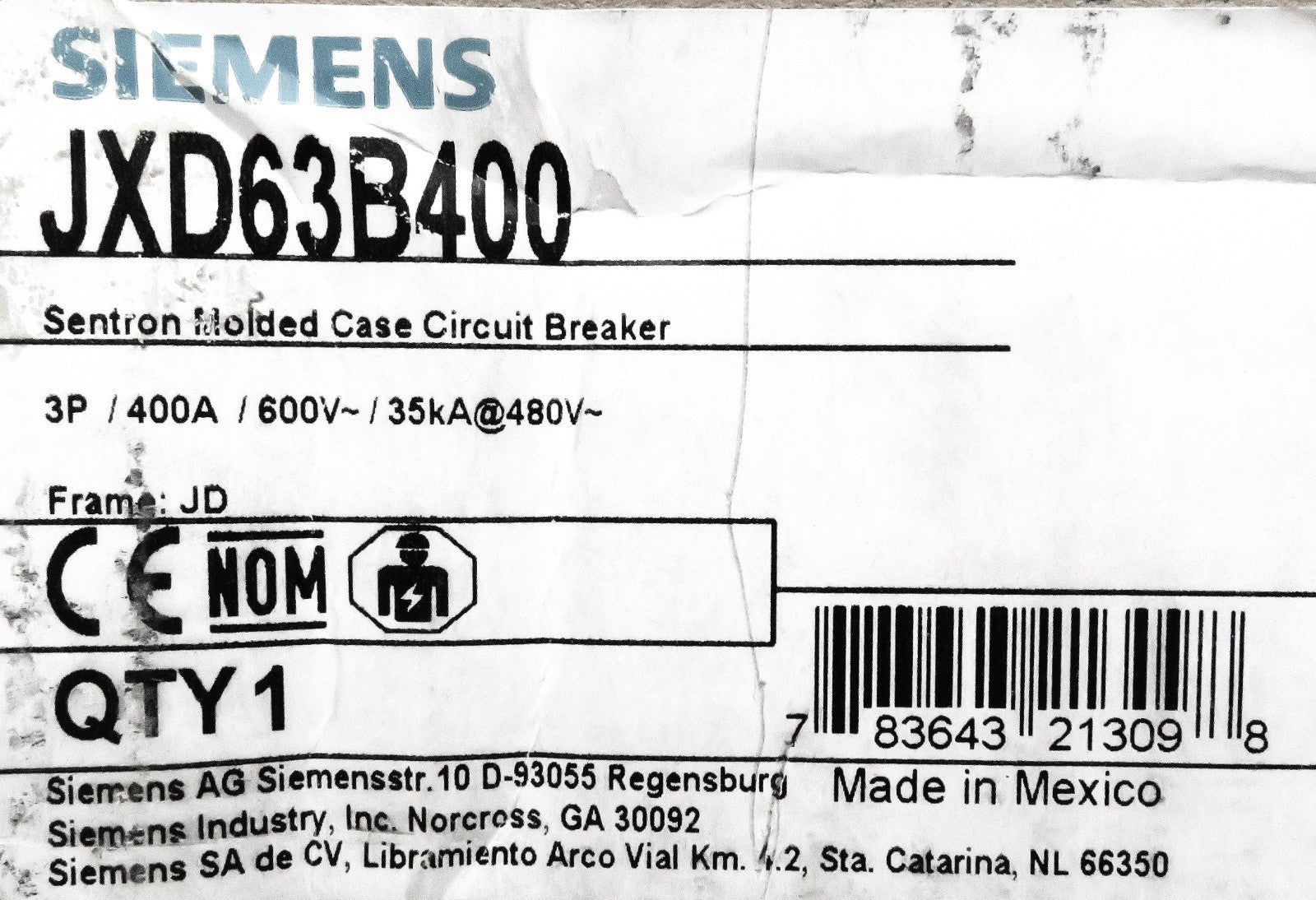 Siemens JXD63B400 Sentron 3-Pole 400A 600V 35kA Molded Case Circuit Breaker3