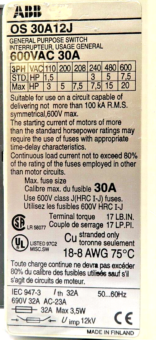 ABB-Asea Brown Boveri OS30A12J 600VAC 30A Fusible Disconnect Switch