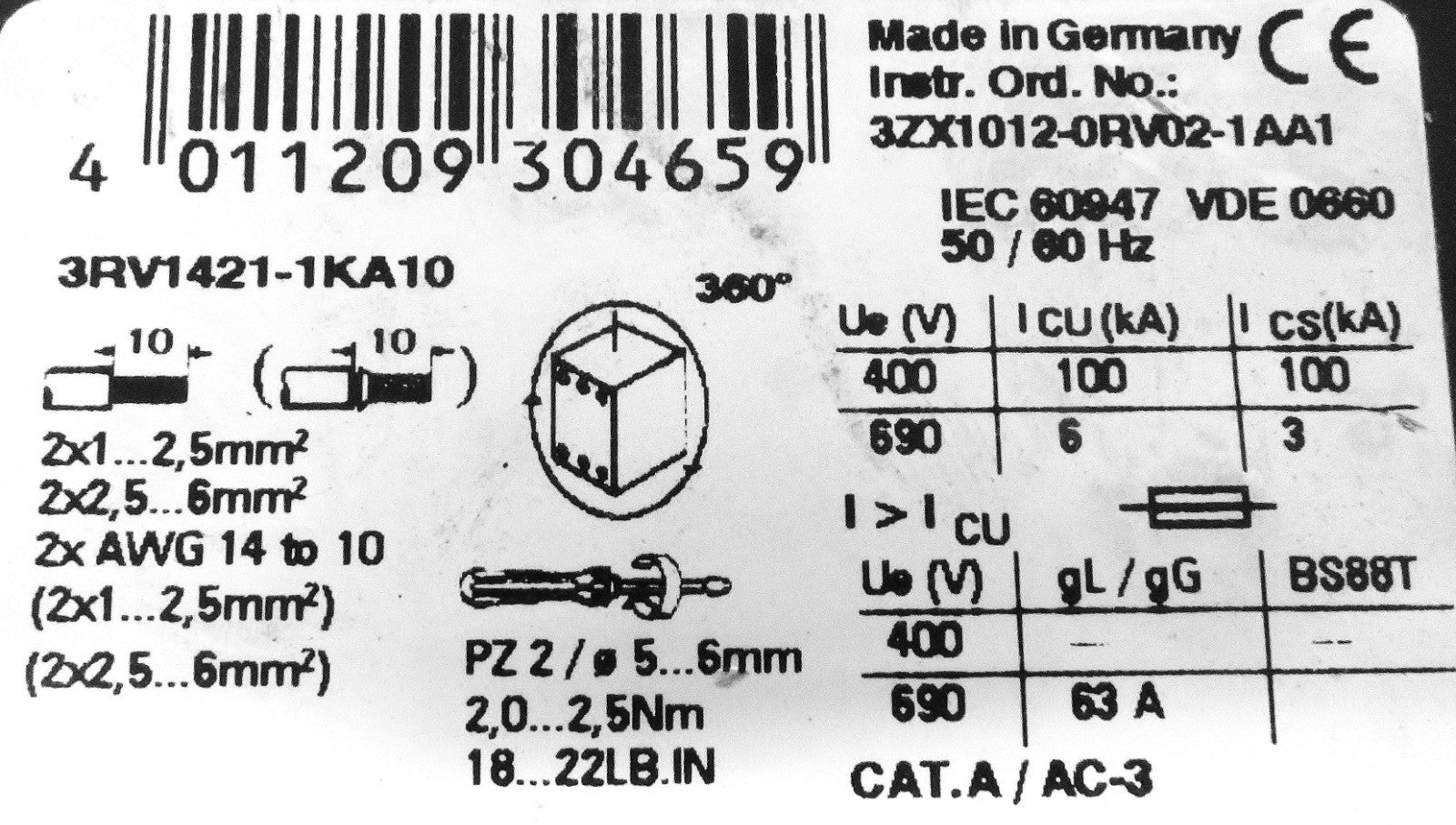 Siemens 3RV1421-1KA10 Motor Circuit Breaker 9–12.5A S0 Size Screw Terminal3