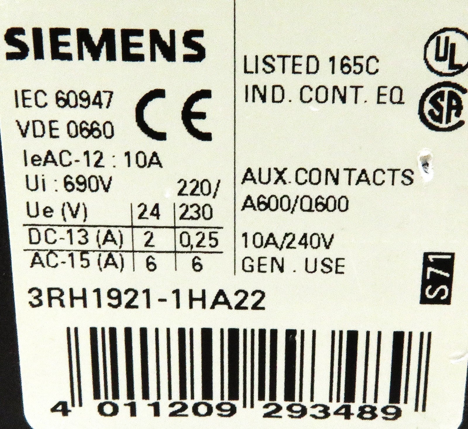 Siemens 3RH1921-1HA22 Auxiliary Contact Block 4-Pole 2NO/2NC 690V 6A3