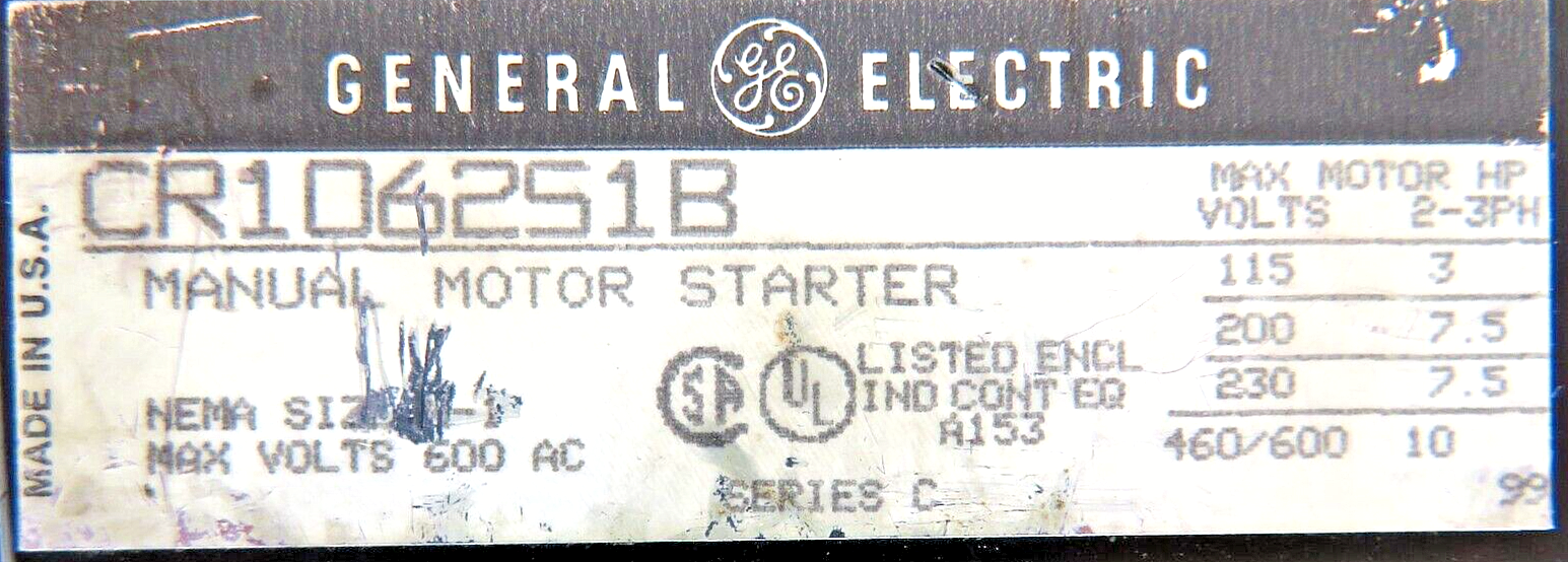 General Electric CR106251B Motor Starter (Without Enclosure)