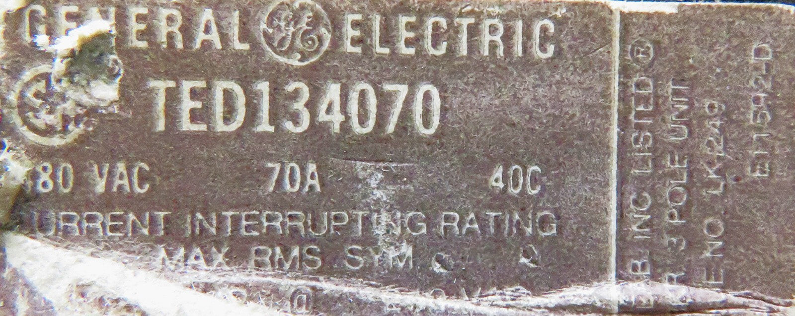 General Electric TED134070 Circuit Breaker 3-Pole 70A 480V AC 600V AC 500V DC3