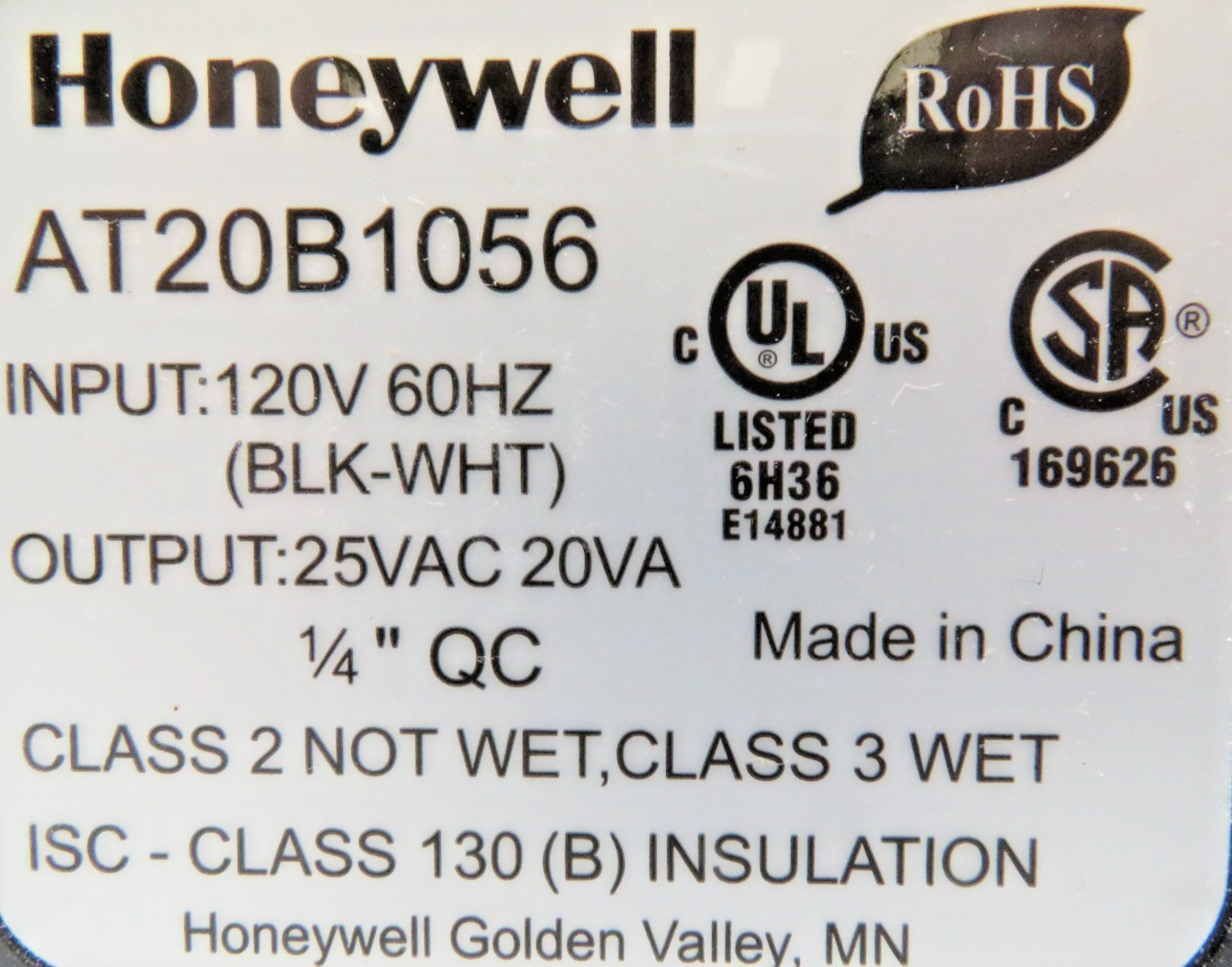 Honeywell AT20B1056 Class 2 Transformer 120V to 25V 20VA3