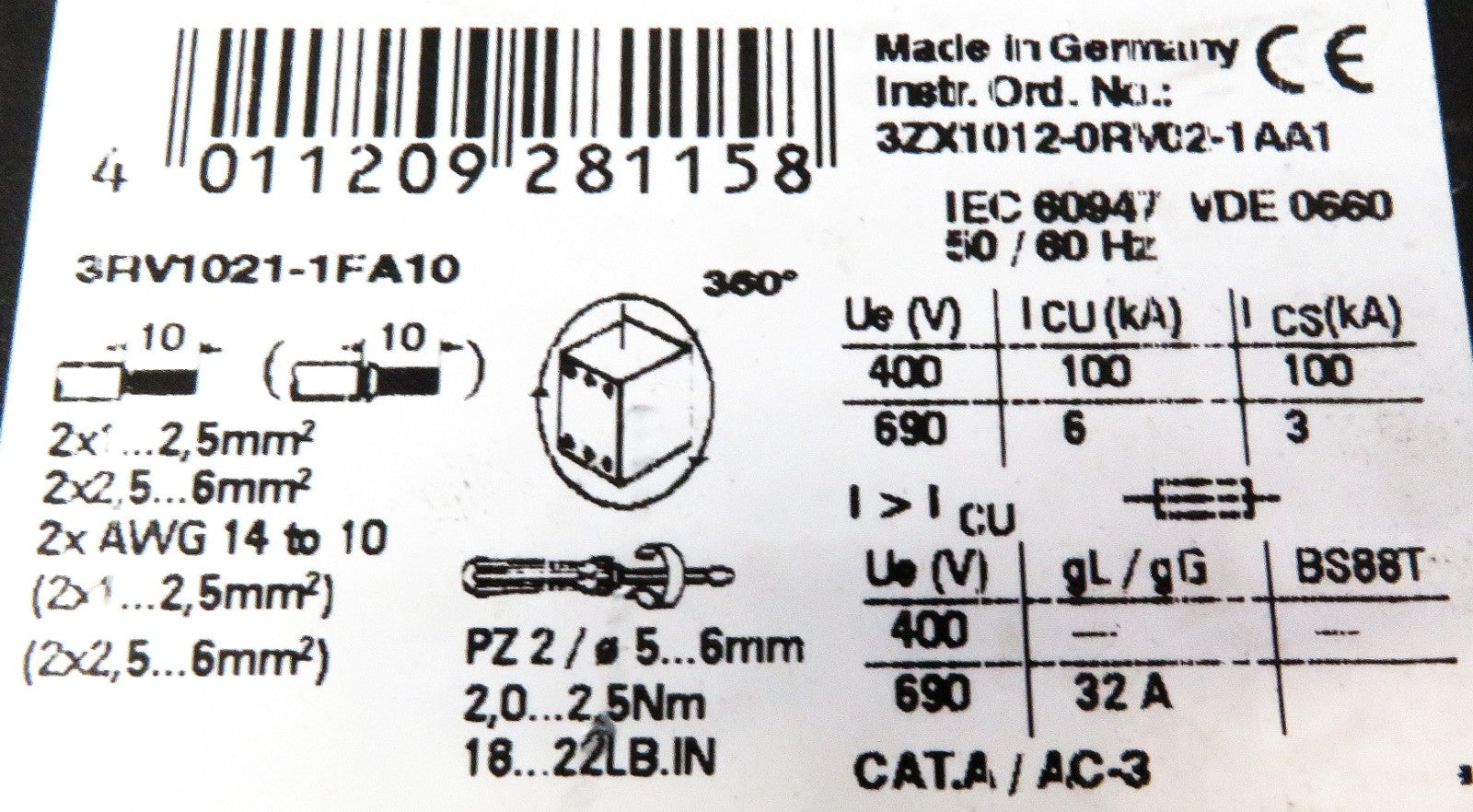 Siemens 3RV1021-1FA10 Circuit Breaker S0 3P 3.5-5A 400/690VAC 50/60Hz3