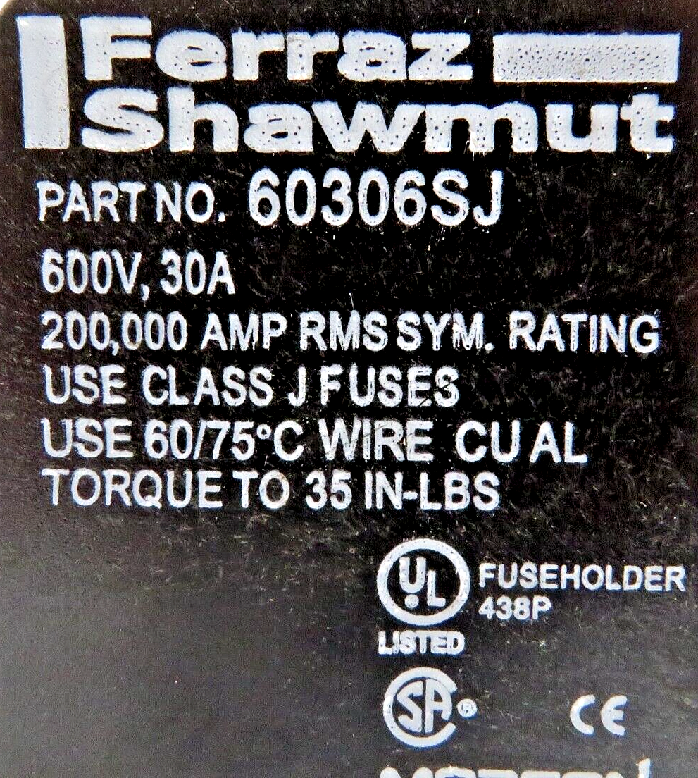 Mersen Ferraz Shawmut 60306SJ 600V 30A 1-Pole Class J Fuse Block