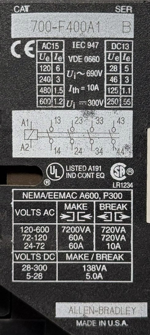 Allen-Bradley 700-F400A1 10A Control Relay 120VAC Coil5