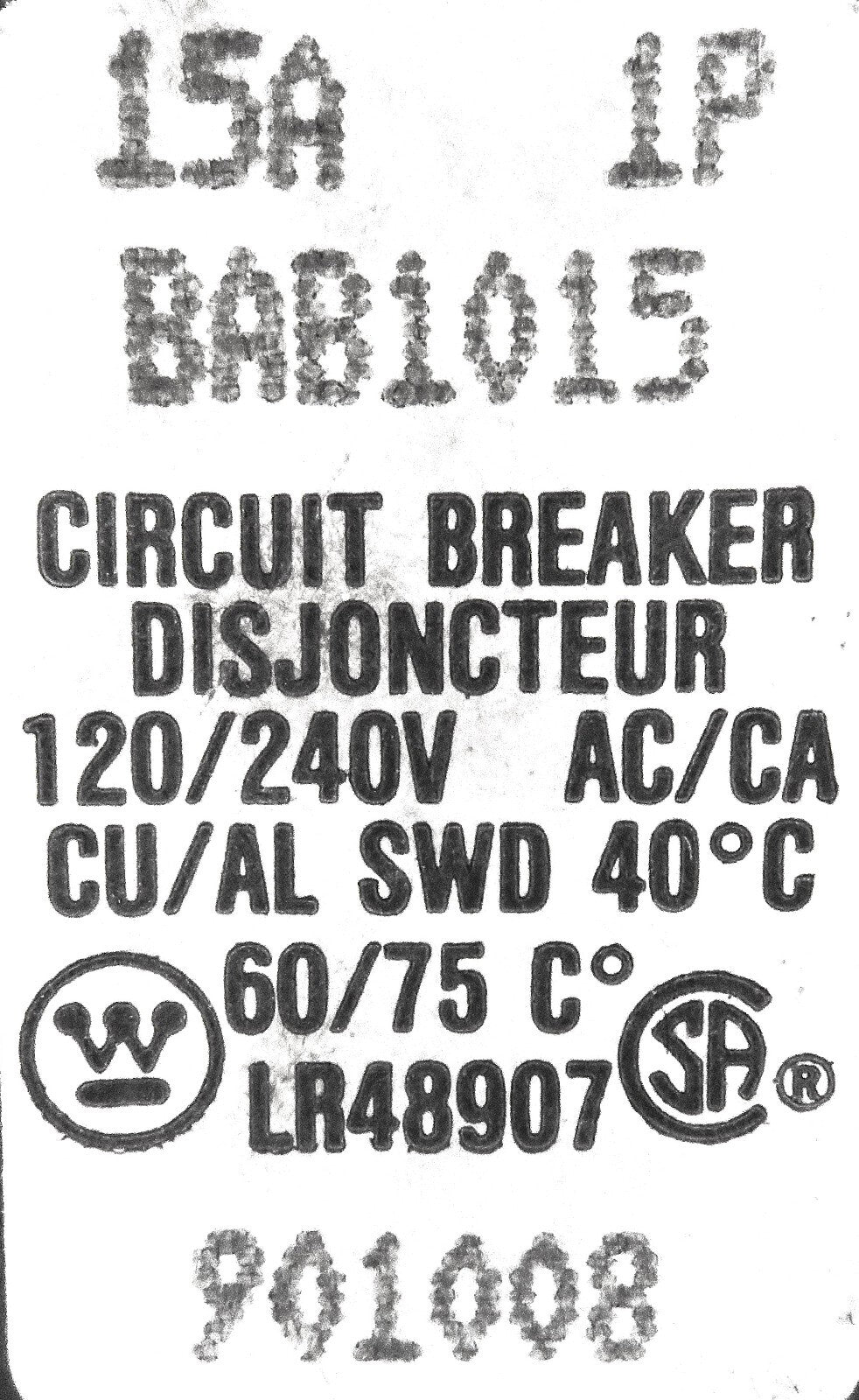 Eaton Westinghouse BAB1015 15A 1P 120/240V Bolt-On Circuit Breaker3