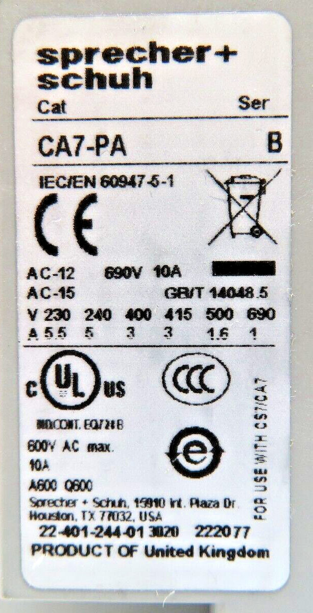 Sprecher + Schuh CA7-55-10-120 3-Pole 55A 120V/60HZ  1NO Contactor