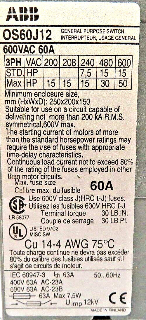 ABB-Asea Brown Boveri OS60J12 60A 600VAC Fusible Disconnect Switch