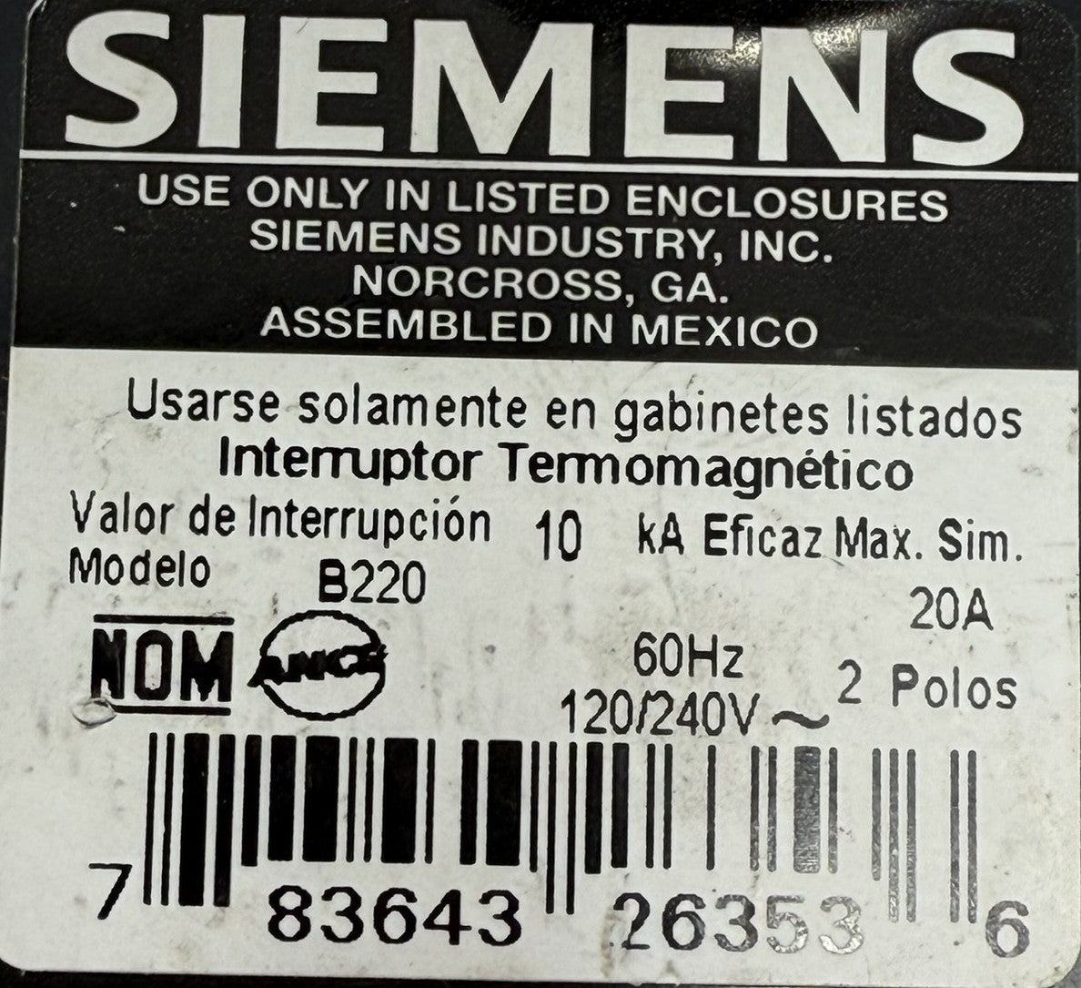 Siemens B220 20A 2-Pole Bolt-On Circuit Breaker 120/240VAC2