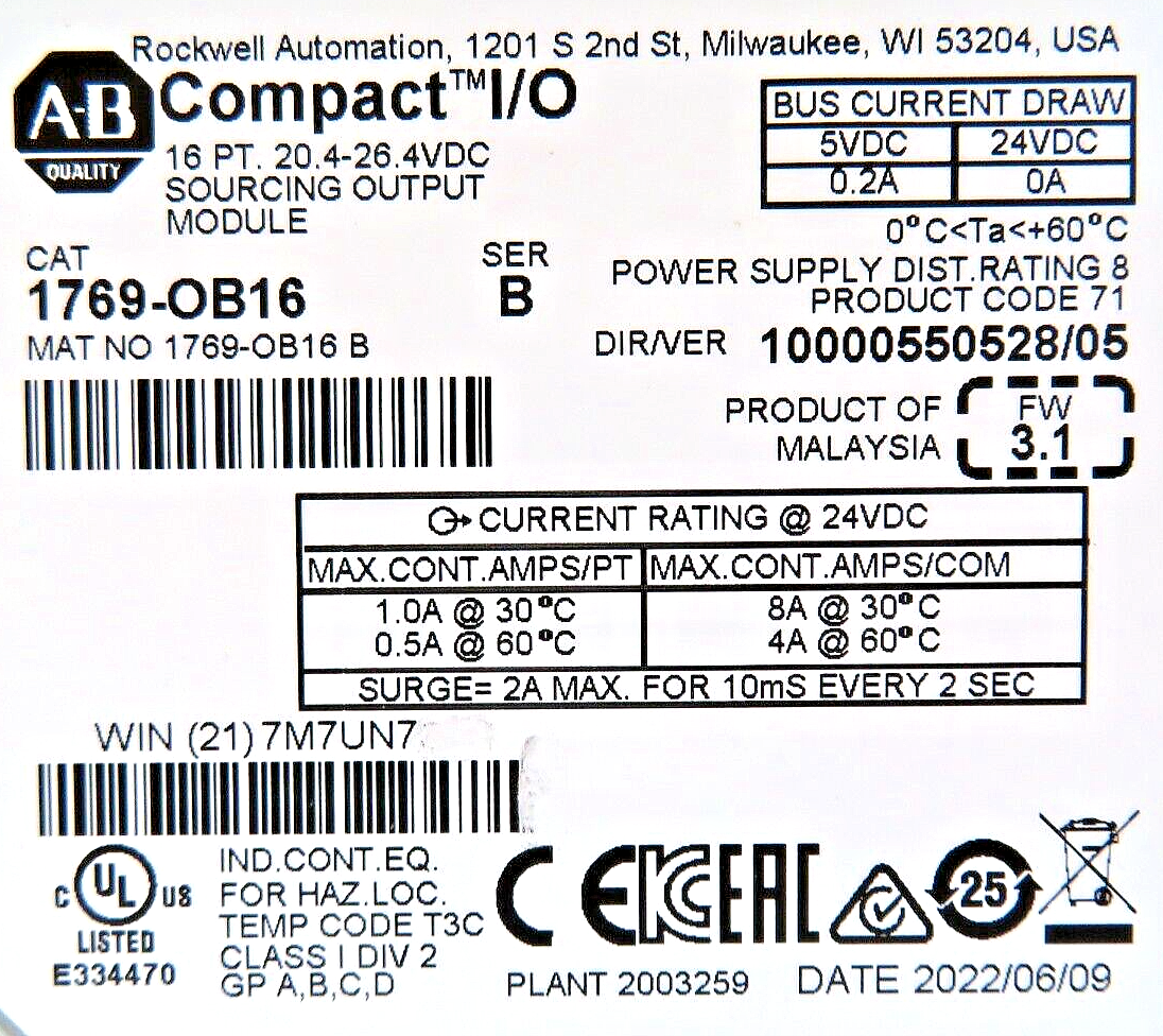 Allen-Bradley 1769-OB16 Compact I/O 16-PT 24VDC Sourcing Output MOD