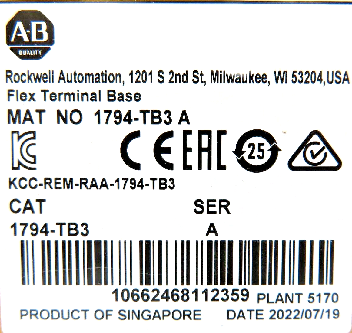 Allen-Bradley 1794-TB3 Flex I/O Terminal Base 3-Wire