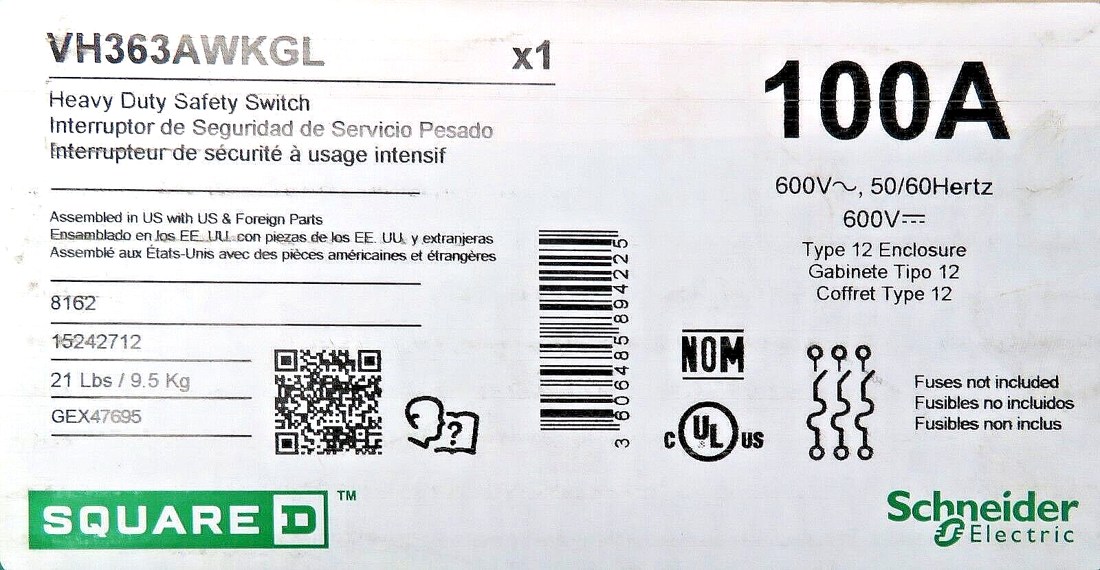 Schneider Electric Square D VH363AWKGL 100A 600V 3-Pole Heavy Duty Safety Switch