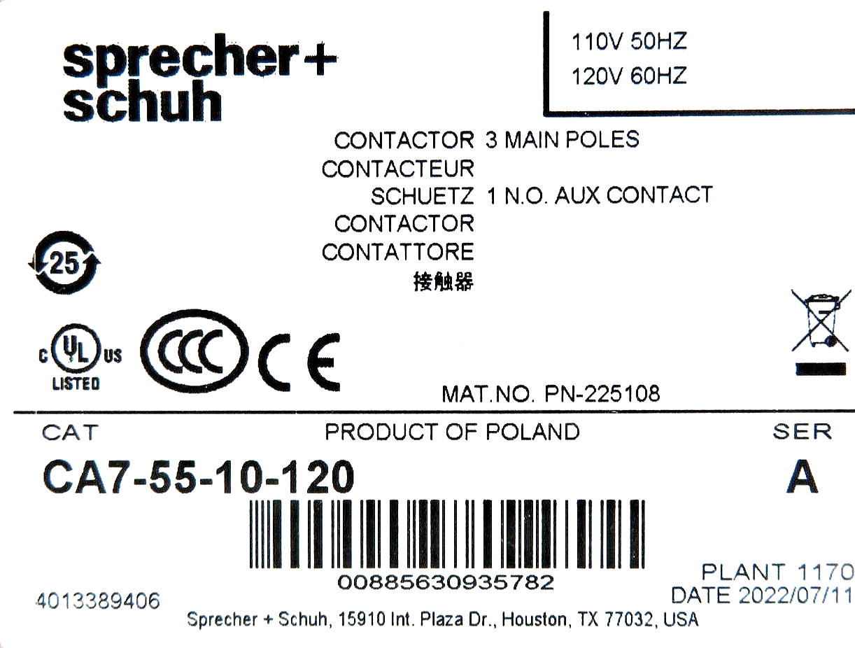 Sprecher + Schuh CA7-55-10-120 3-Pole 55A 120V/60HZ  1NO Contactor