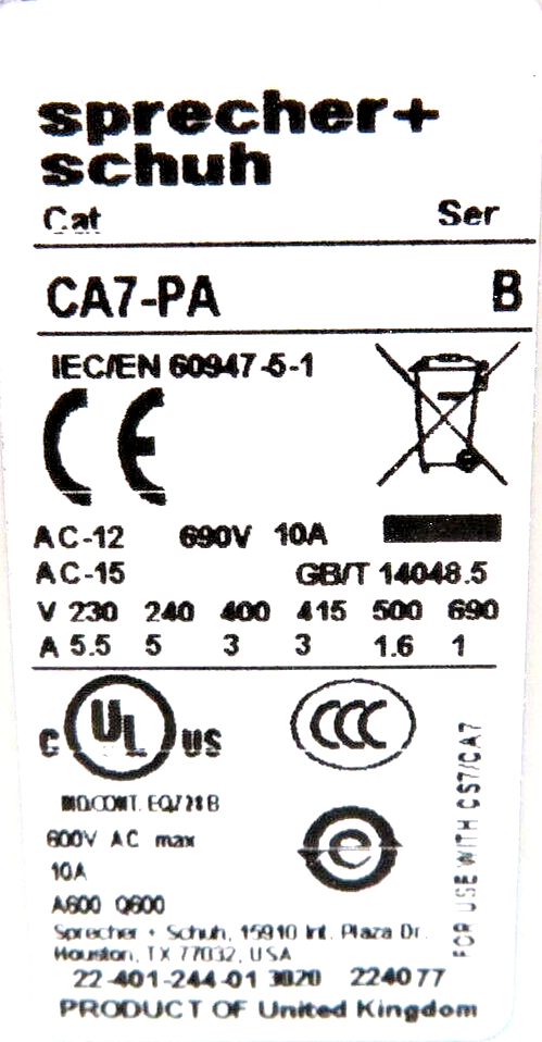 Sprecher + Schuh CA7-43-10-120 43A 3-Pole 120 VAC 60HZ 1NO IEC Contactor