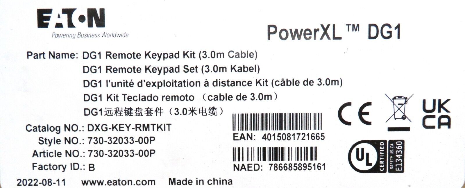 Eaton DG1 Remote Keypad Kit with 3.0m Cable, DXG-KEY-RMTKIT