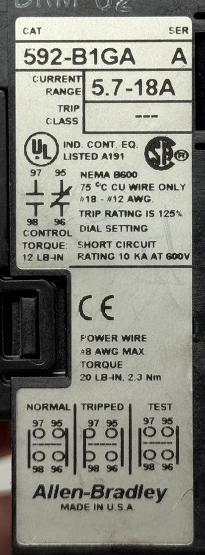 Allen-Bradley 592-B1GA SMP-2 Solid State Overload Relay 5.7-18A4