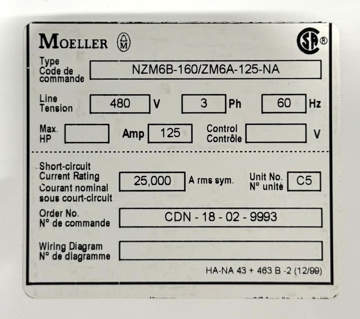Moeller NZM6B-160/ZM6A-125-NA 3-Phase 125A 480V MCC Feeder Bucket6