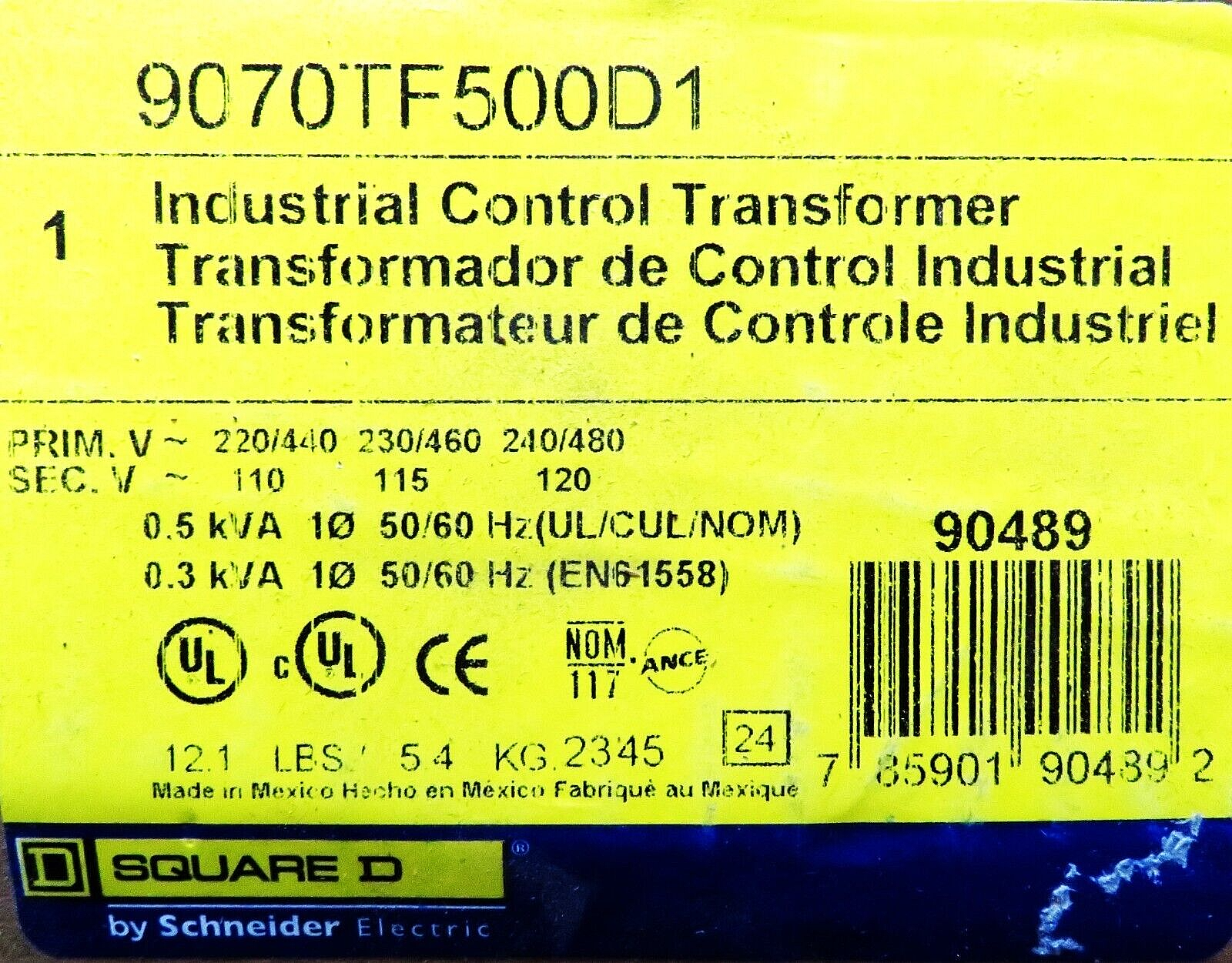 Square D 9070TF500D1 Industrial Control Transformer 0.5 kVA 240/480V to 120V