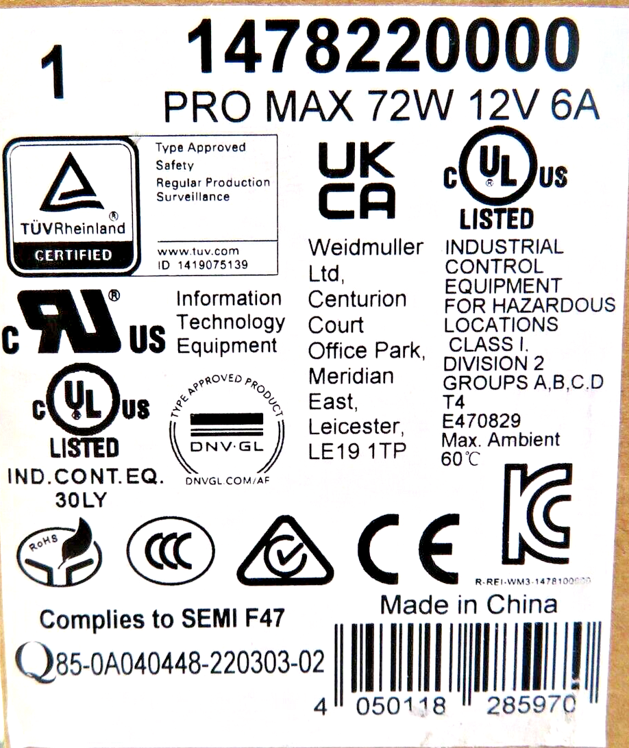 Weidmüller 1478220000 PRO MAX 72W 12V 6A Power Supply Unit