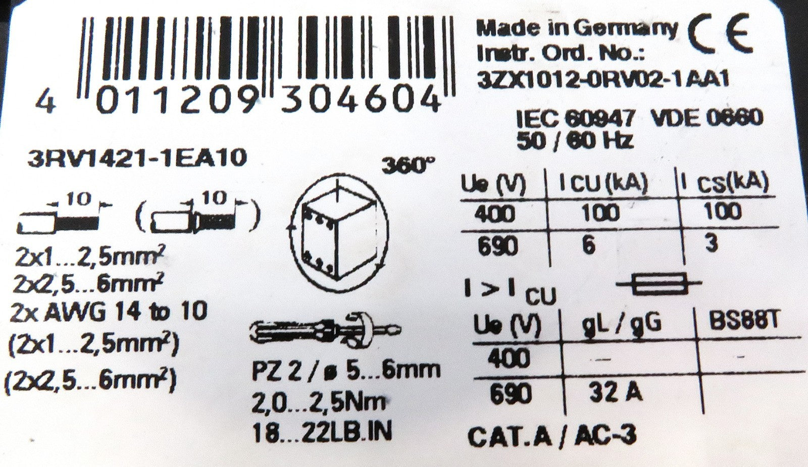 Siemens 3RV1421-1EA10 Motor Protection Circuit Breaker 2.8–4A SIRIUS 3R CL103