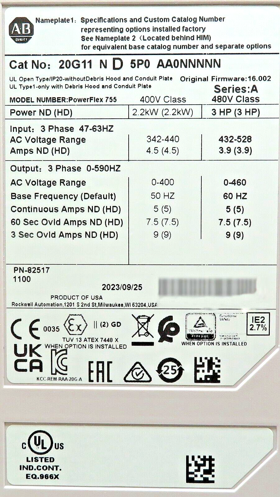 Allen-Bradley PowerFlex 755 AC Drive 20G11ND5P0AA0NNNNN 3HP 480V 3-Phase Refurb.