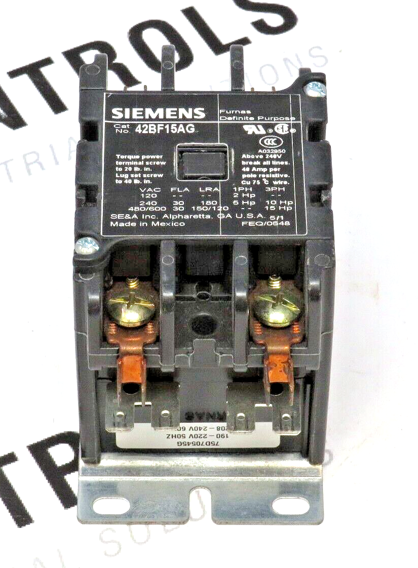 Siemens 42BF15AG Definite Purpose Contactor, 2-Pole, 30A, 208-240V AC Coil