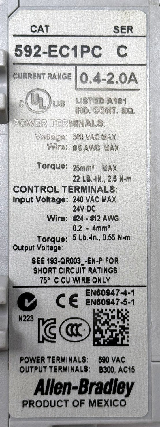 Allen-Bradley 592-EC1PC E3 Overload Relay 0.4-2A4