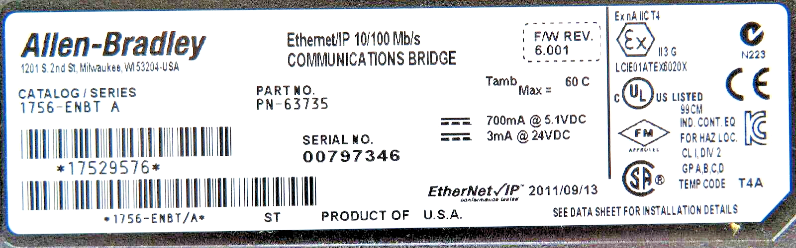 Allen-Bradley 1756-ENBT ControlLogix Ethernet/IP Bridge Module