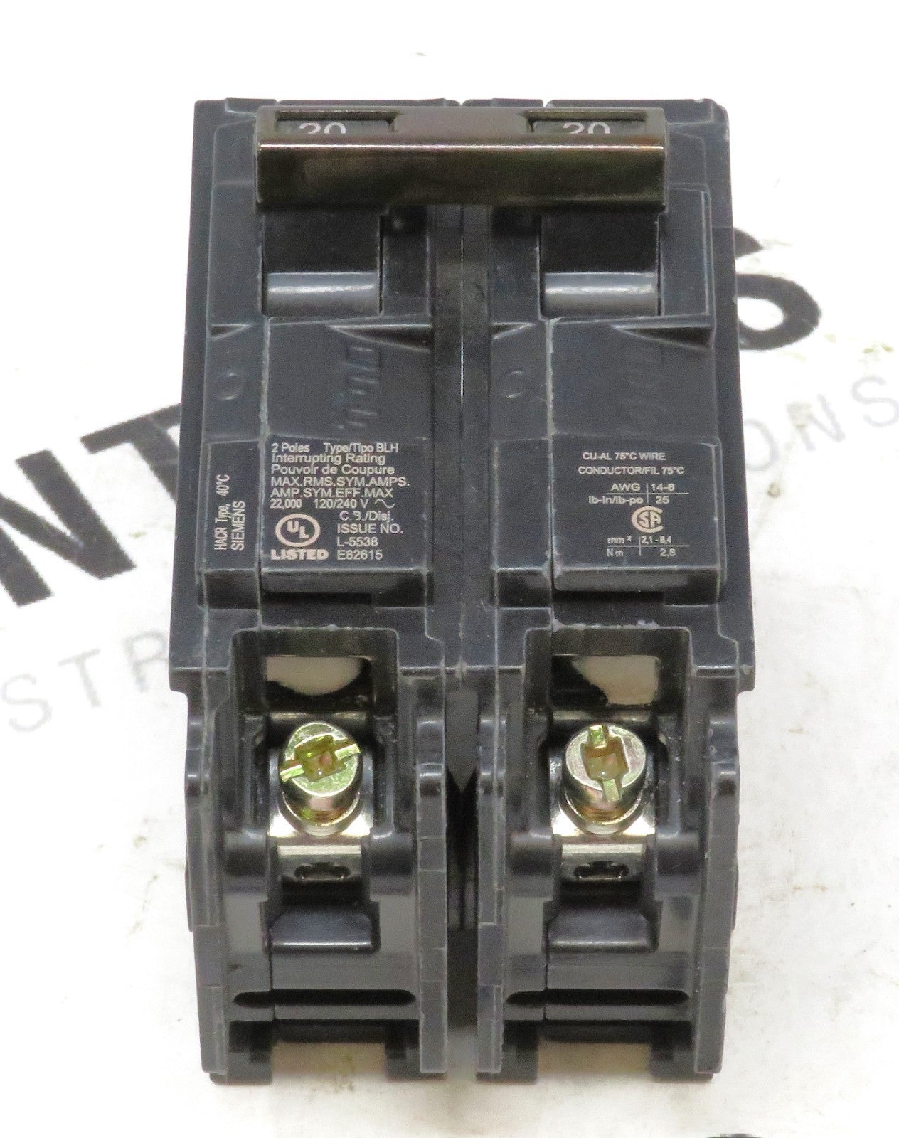 Siemens B220H 2-Pole 20A 240V Bolt-On High Interrupting Circuit Breaker3