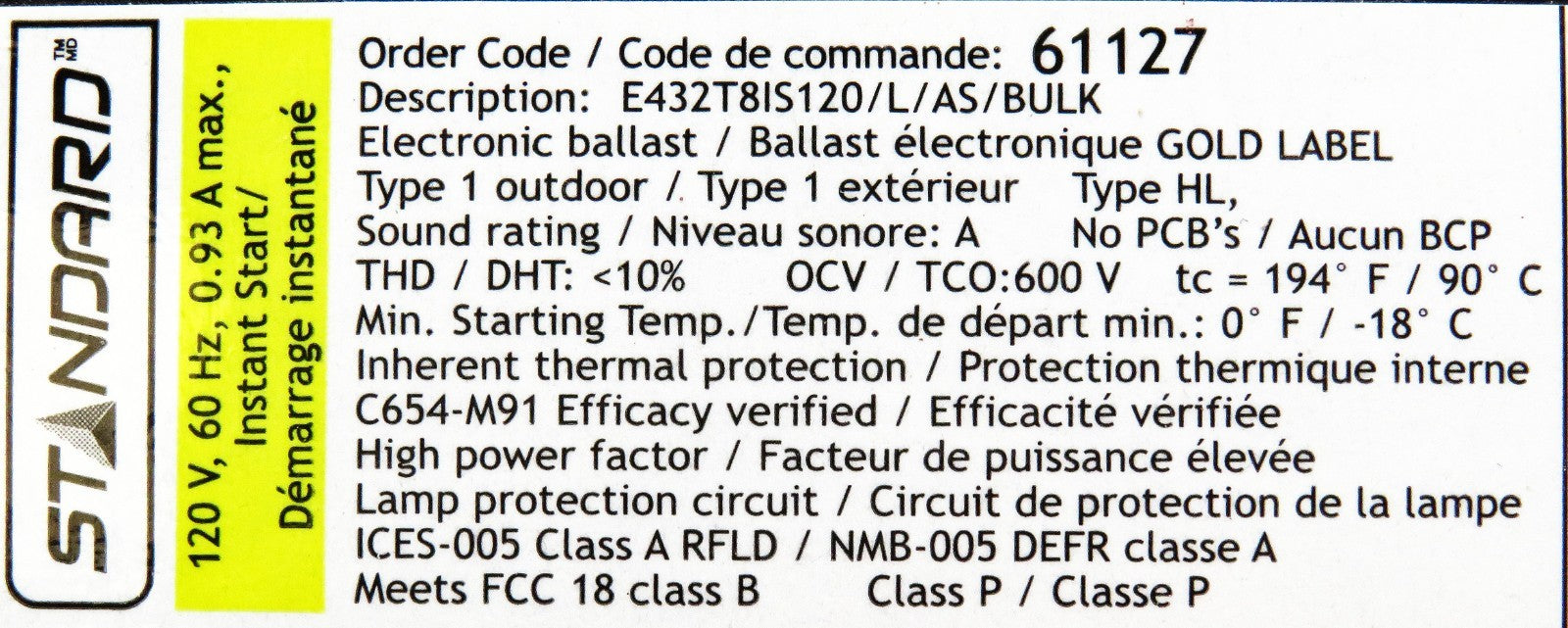 Standard Products E432T8IS120LAS Electronic Ballast 120V 4-Lamp T8 Instant Start3