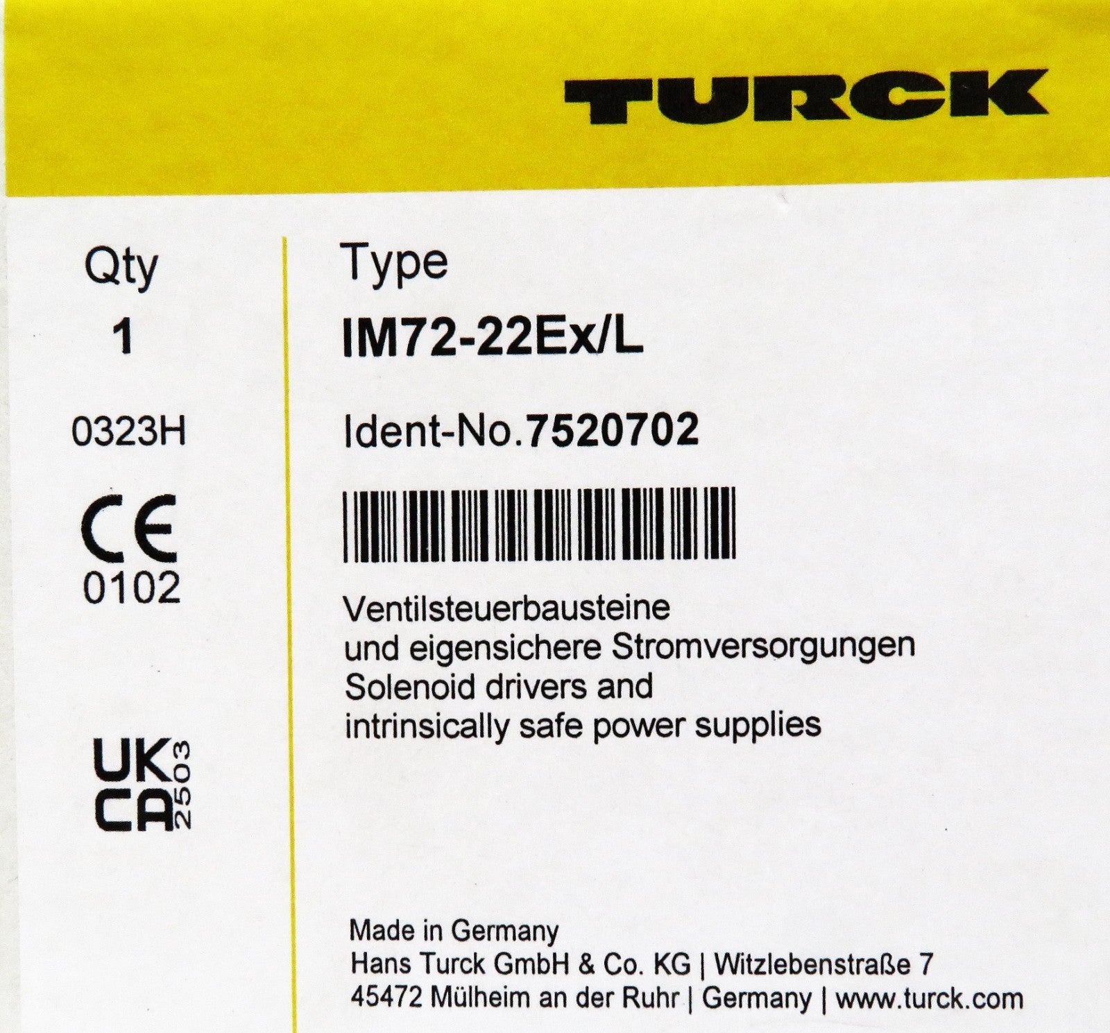 Turck IM72-22Ex/L 7520702 Solenoid Driver 24VDC 2-Ch Interface Module3
