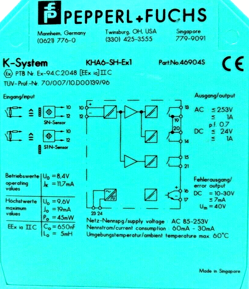 PEPPERL & FUCHS KHA6-SH-EX1 46904 Switch Amplifier