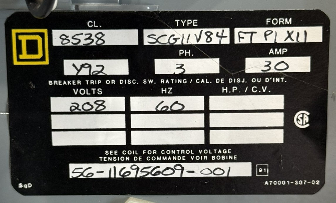 Square D 8538SCG11V84FTP1X11 Size 1 Combination Motor Starter 30A 208V10