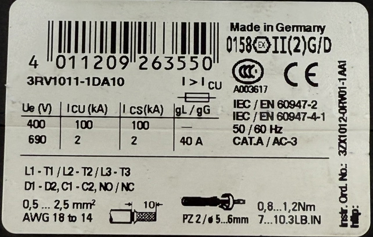 Siemens 3RV1011-0CA15 Adjustable Circuit Breaker 0.18-0.25A 690V 3-Pole2