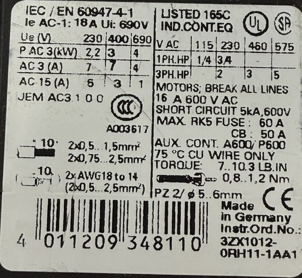 Siemens 3RT1015-1AK61 + 3RU1116-1AB0 Contactor & Overload Relay Assembly4