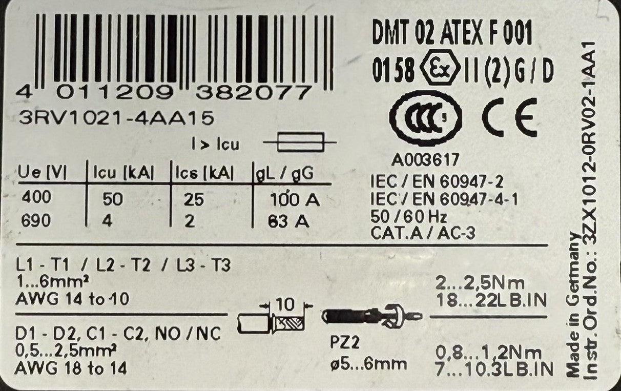 Siemens 3RV1021-4AA15 Motor Protection Circuit Breaker 11-16A3