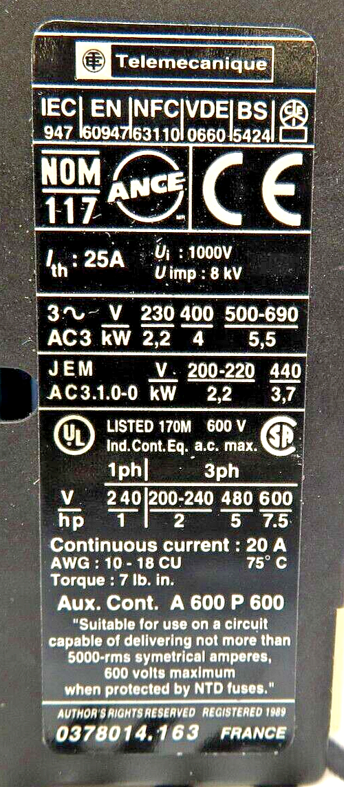 Schneider Electric Telemecanique LC1D0910B6 9A 24V 60HZ Coil 600V Contactor