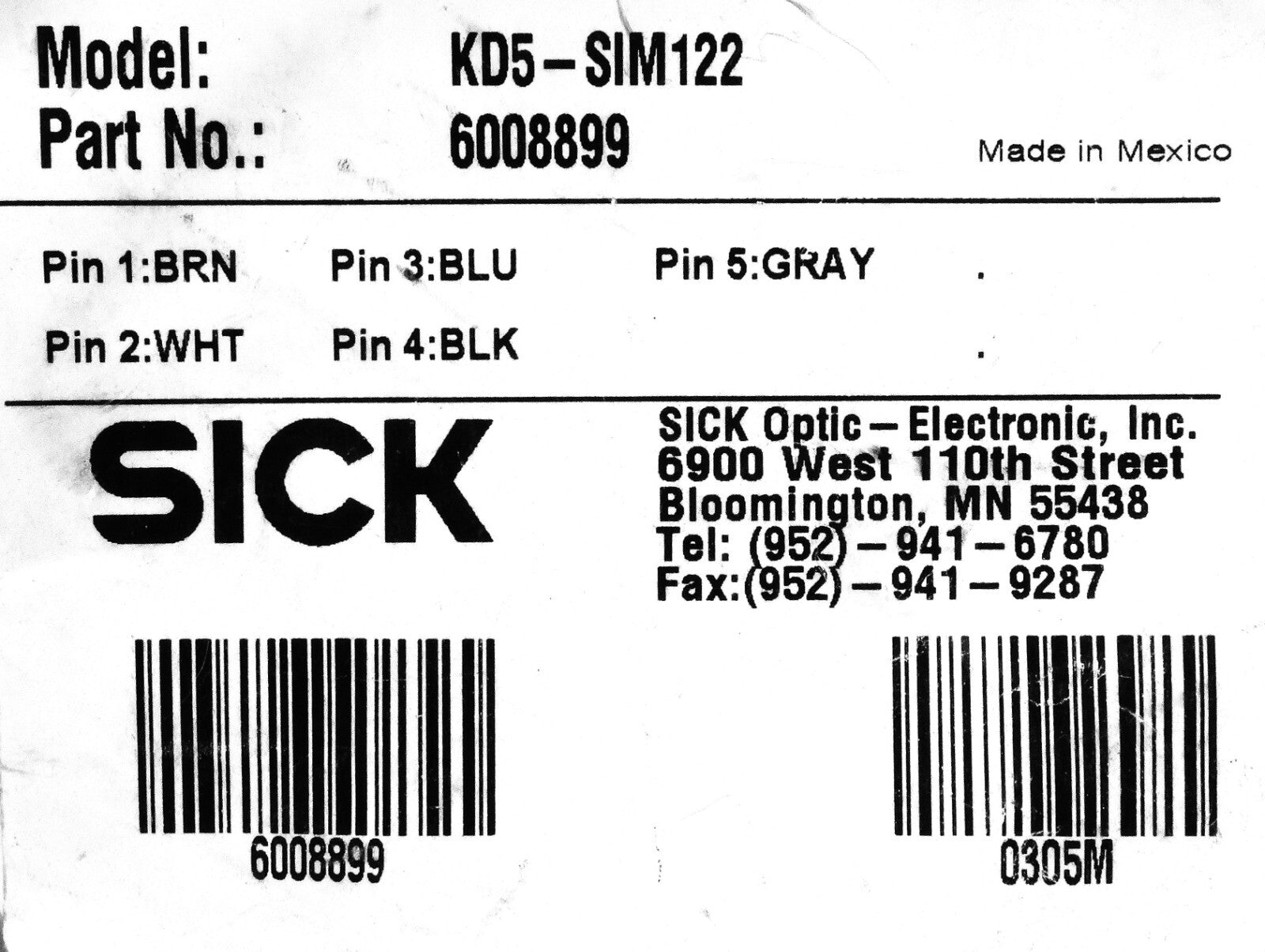 SICK KD5-SIM122 M12 5-Wire Straight Female Cable 2m 60088992